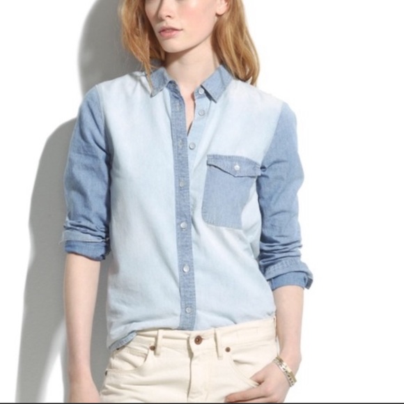 Madewell Two Toned Chambray Denim Colorblock Button Down Blouse Size XS - Picture 2 of 10